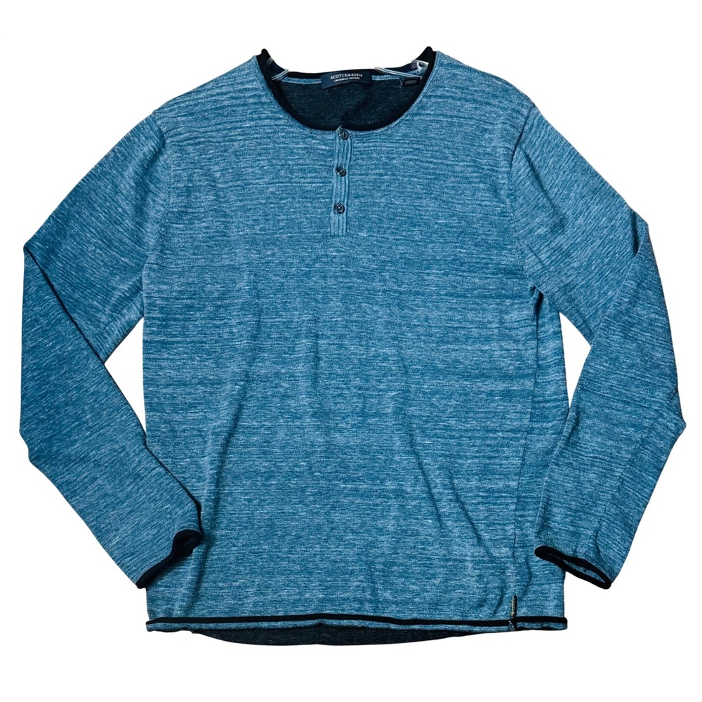 Scotch & Soda Blue Grey Henley Shirt Space Dye Slub Long Sleeve Mens L